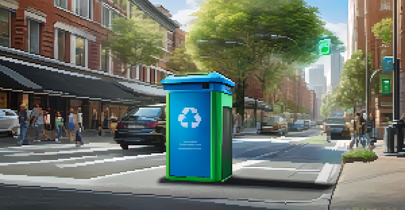 A modern smart recycling bin with sensors in an urban environment, surrounded by people and greenery.