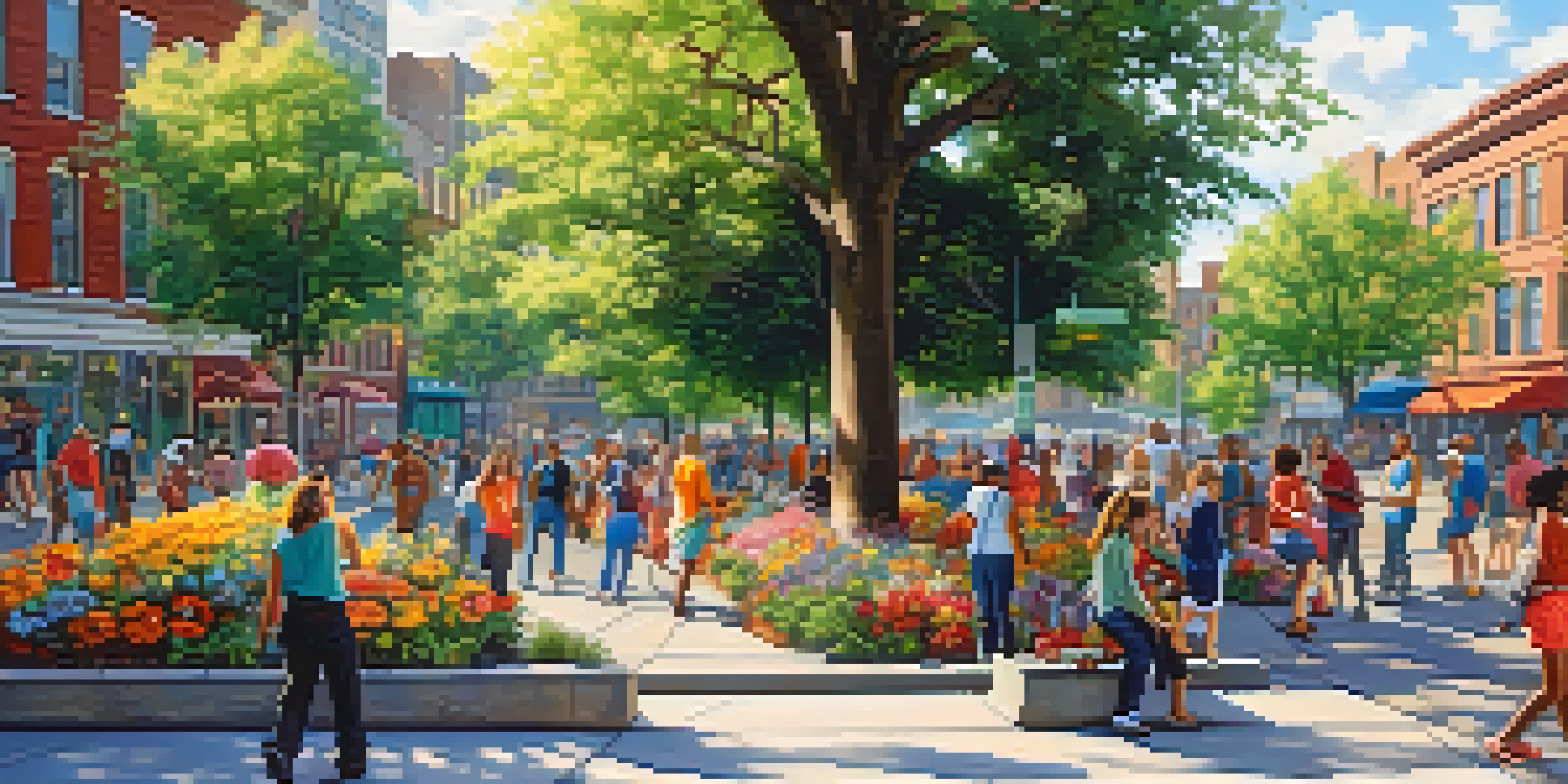 A colorful urban mural showing diverse individuals participating in community activities in a city square with sunlight filtering through trees.