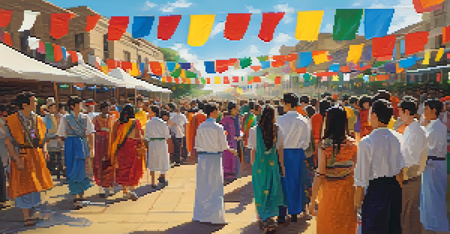 An international cultural festival featuring students in traditional dresses, sharing food and cultural items, creating a vibrant atmosphere of cultural exchange at the University of Texas at Austin.