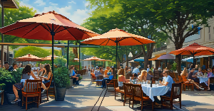 A vibrant outdoor patio scene at The Dogwood restaurant in Austin, with dogs relaxing beside their owners and colorful umbrellas overhead.