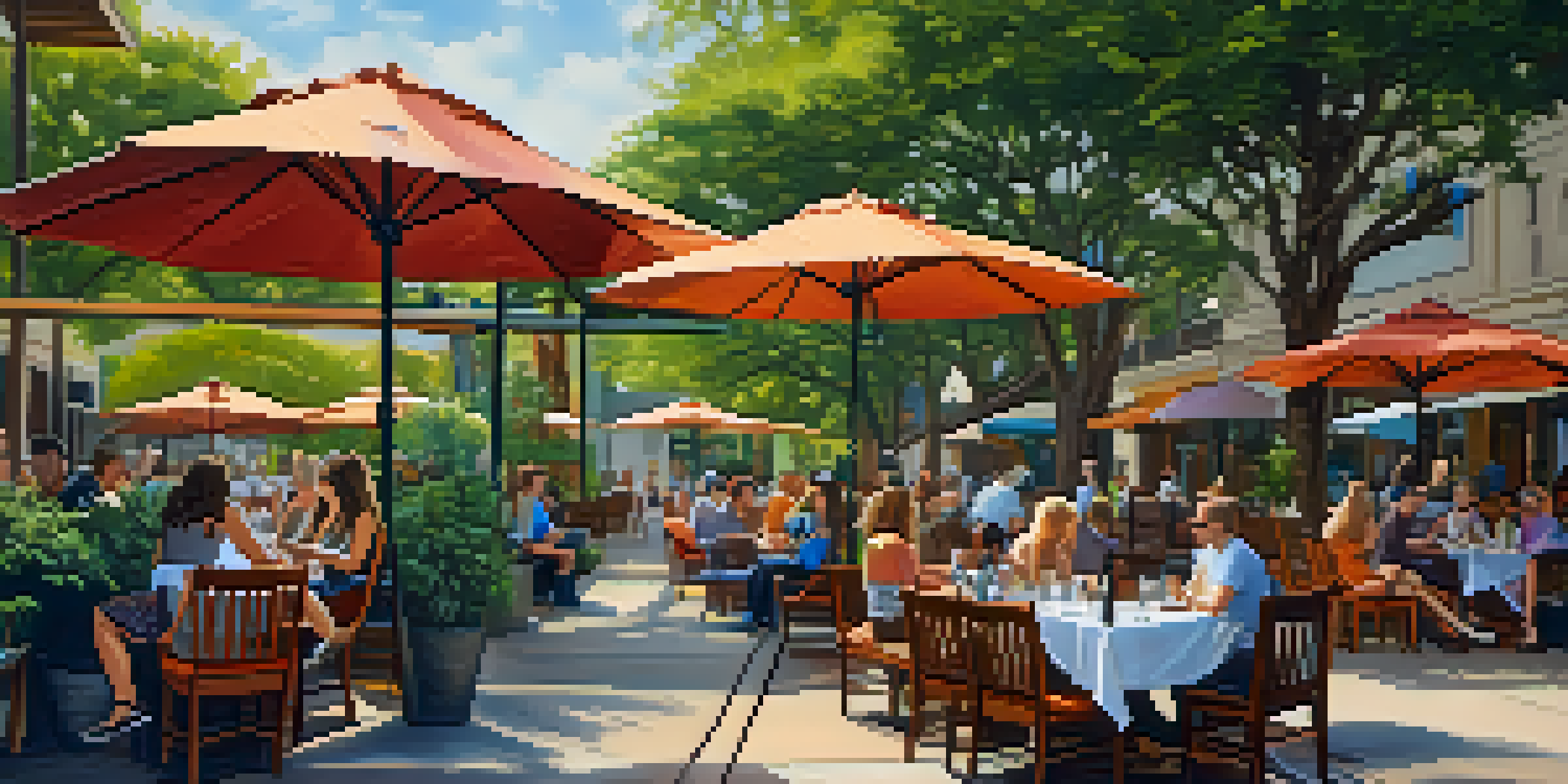 A vibrant outdoor patio scene at The Dogwood restaurant in Austin, with dogs relaxing beside their owners and colorful umbrellas overhead.