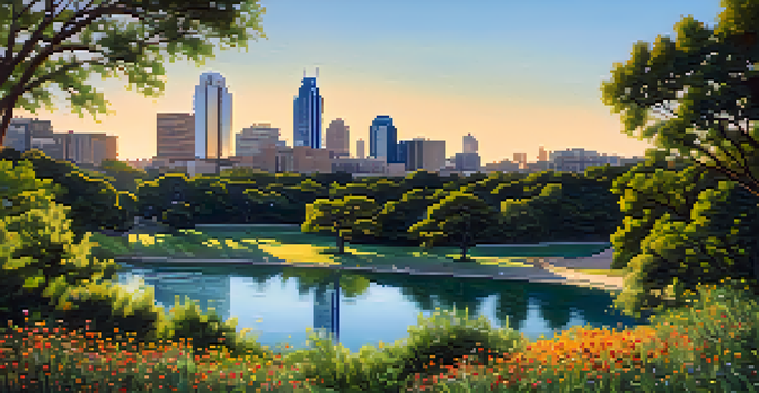 A picturesque scene of Zilker Park at sunset, highlighting colorful flowers and the Barton Springs Pool with the Austin skyline in the distance.