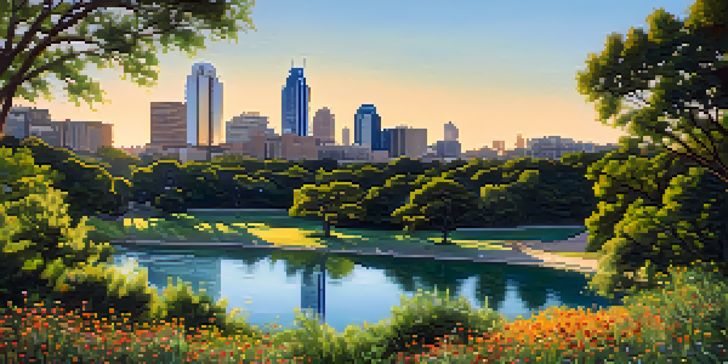 A picturesque scene of Zilker Park at sunset, highlighting colorful flowers and the Barton Springs Pool with the Austin skyline in the distance.