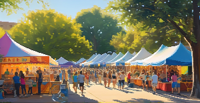 A bustling outdoor festival in Austin with colorful tents, a crowd enjoying music, and food trucks serving local cuisine under warm sunlight.