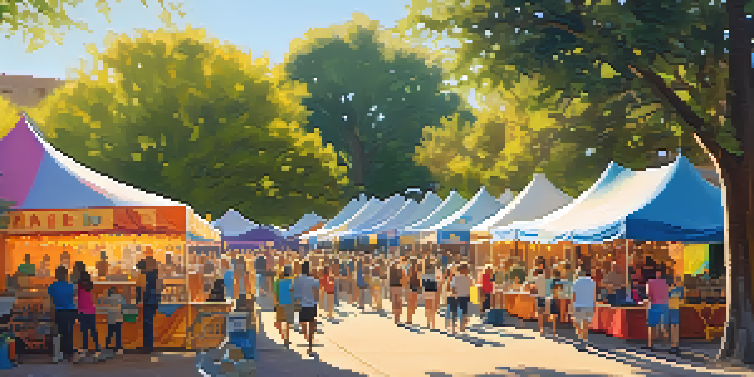 A bustling outdoor festival in Austin with colorful tents, a crowd enjoying music, and food trucks serving local cuisine under warm sunlight.
