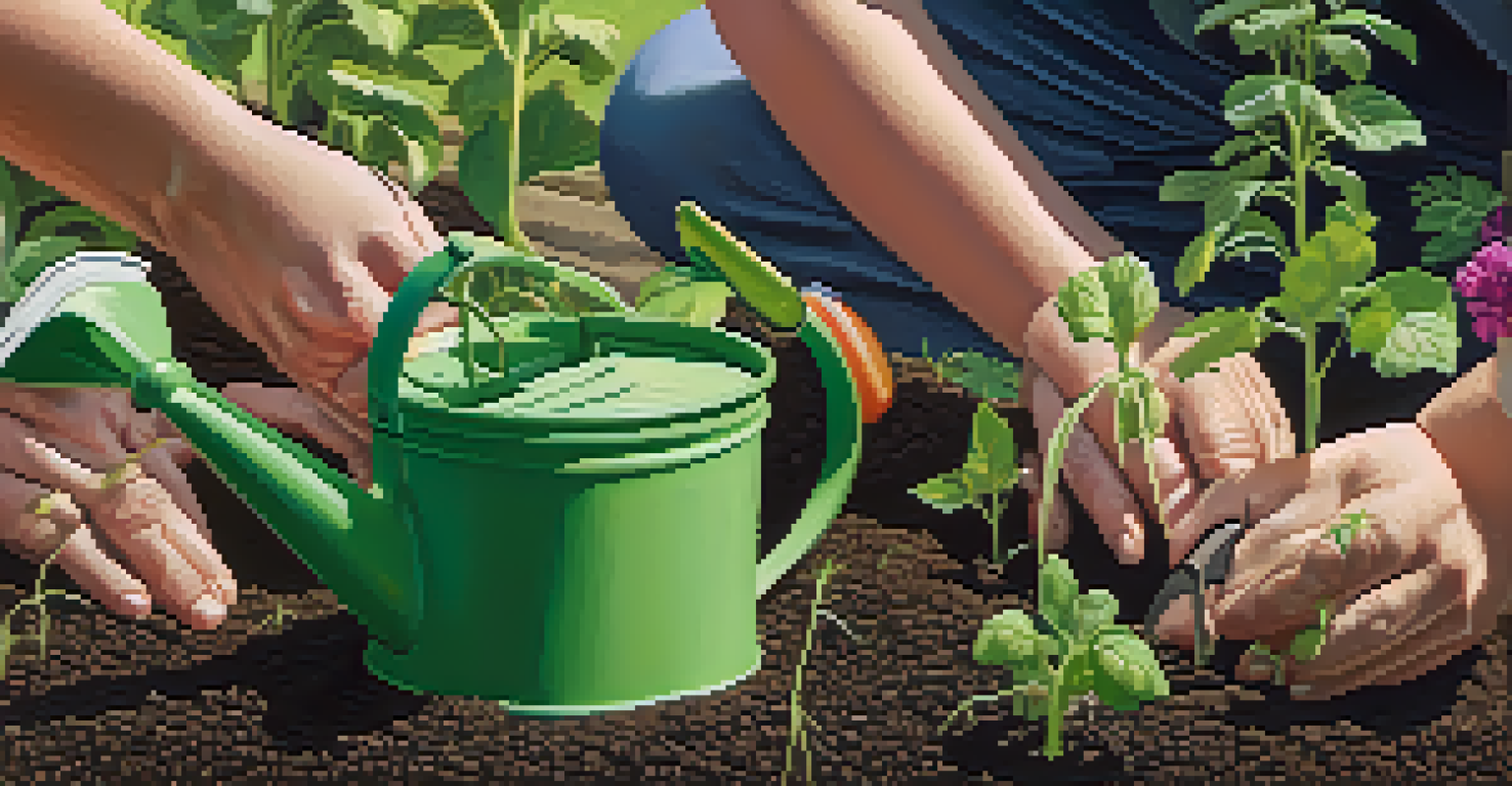 A close-up of hands planting seeds in dark soil, surrounded by green seedlings and flowers, with sunlight enhancing the warmth of the gardening scene.