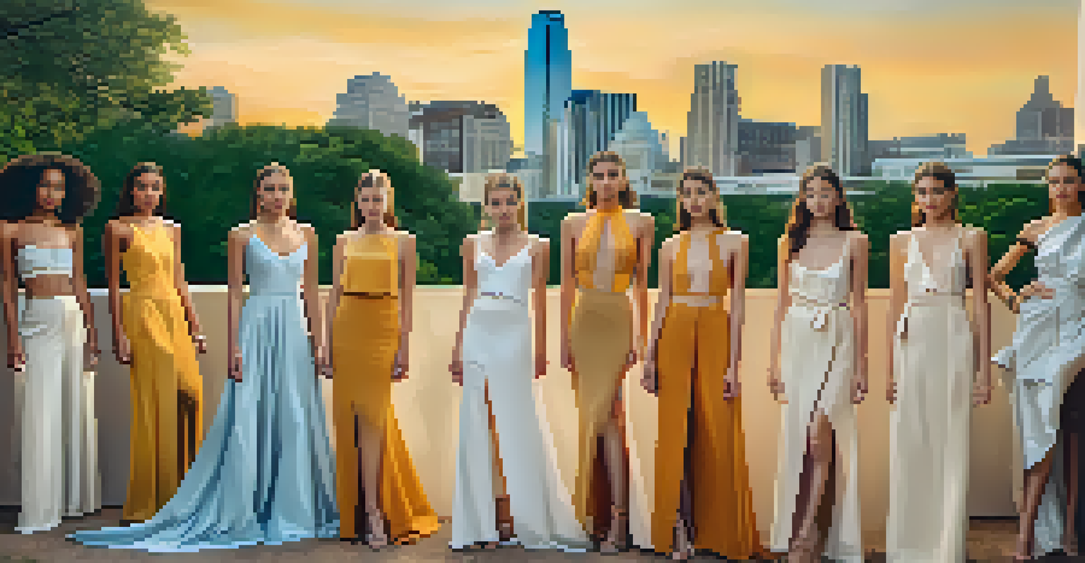 Models in eco-friendly fashion posing outdoors with the Austin skyline at sunset in the background.