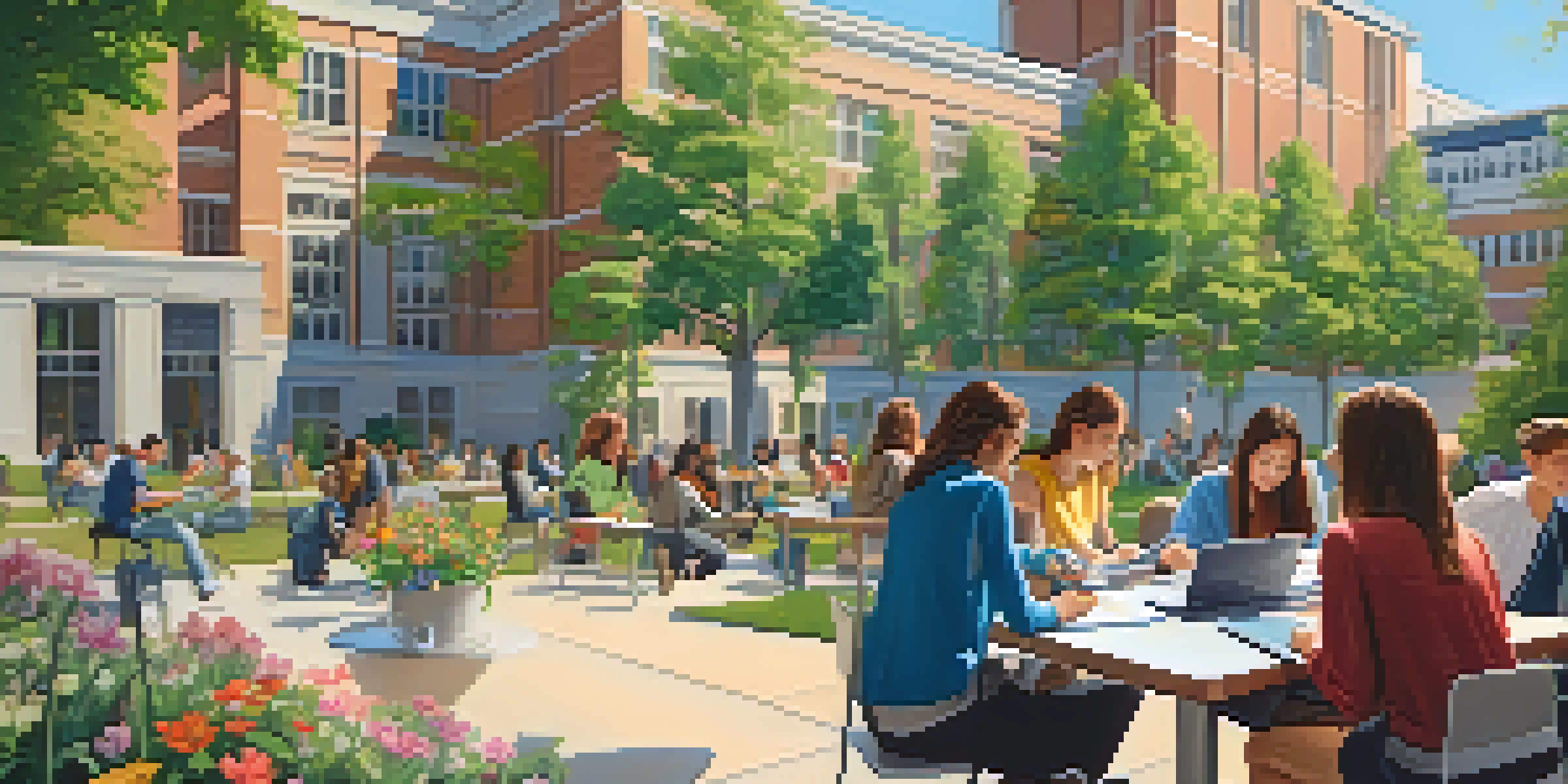 A lively university campus with students collaborating on research outside a modern building, surrounded by greenery and flowers under a blue sky.