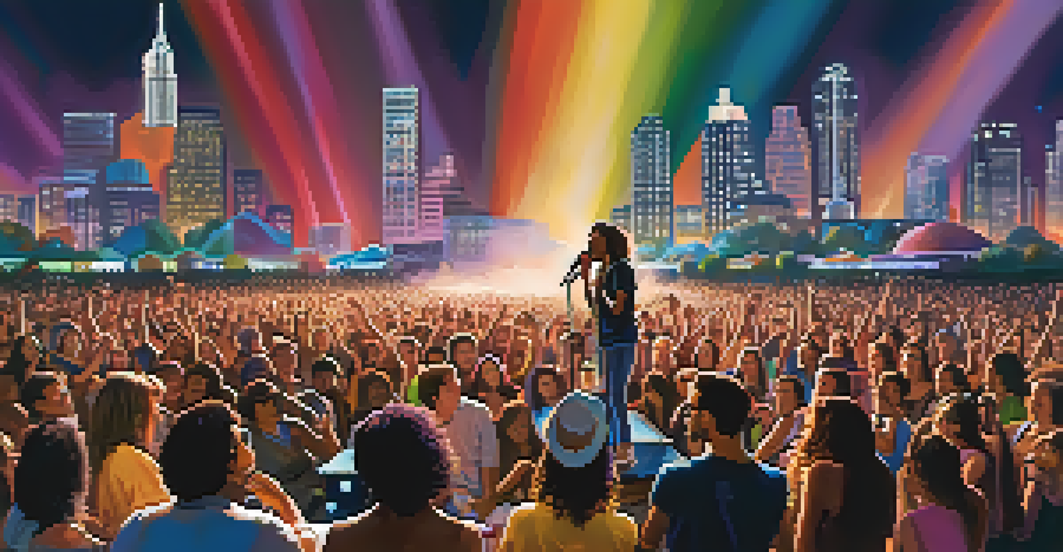 An artist performing on stage at a music festival in Austin, with an intimate audience and colorful stage lights.
