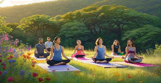 A group of diverse individuals practicing yoga at sunrise in a lush landscape, surrounded by hills and wildflowers.