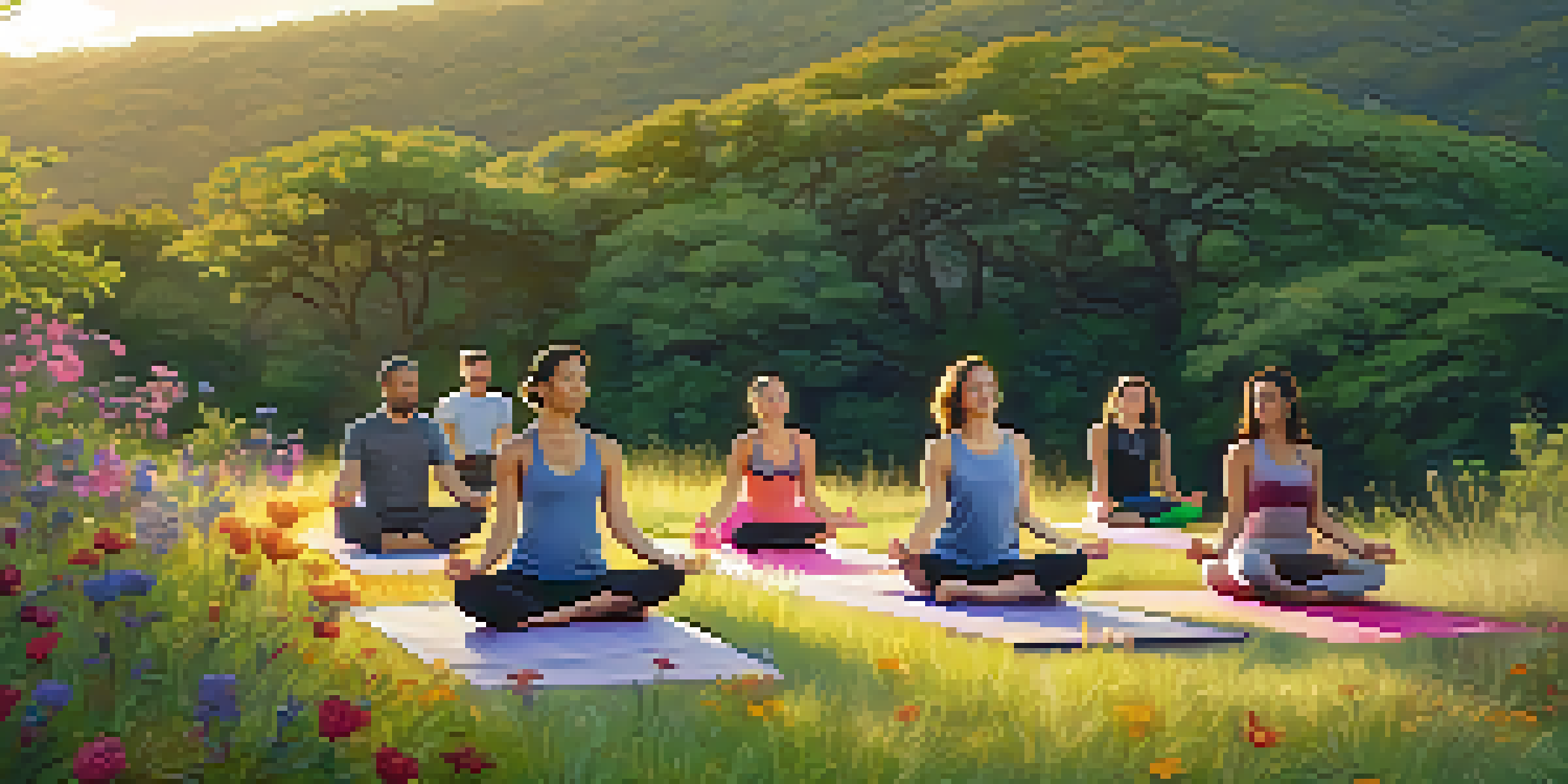 A group of diverse individuals practicing yoga at sunrise in a lush landscape, surrounded by hills and wildflowers.