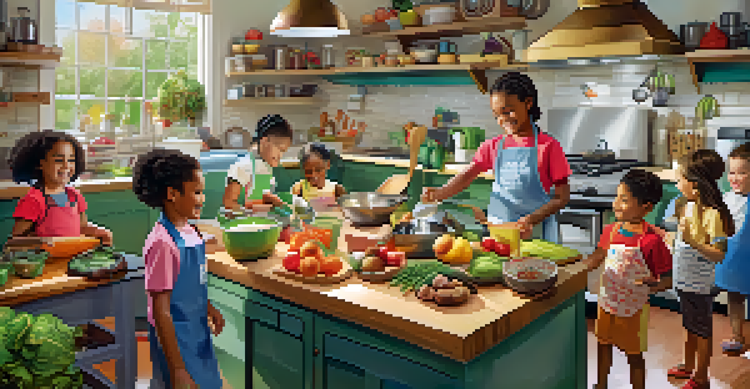 Children cooking together in a culinary camp kitchen, surrounded by fresh ingredients and colorful decor.