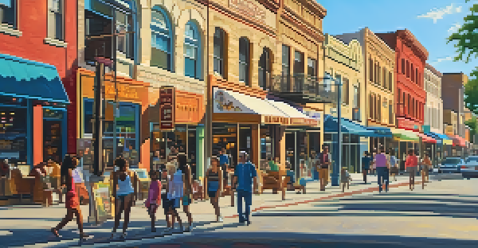 A busy street scene on Sixth Street in Austin, with colorful buildings, murals, and diverse pedestrians enjoying the warm golden hour sunlight.
