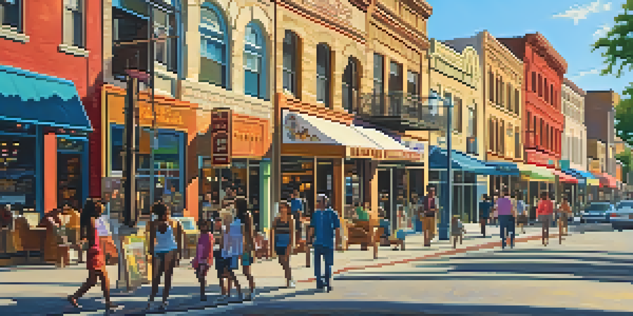 A busy street scene on Sixth Street in Austin, with colorful buildings, murals, and diverse pedestrians enjoying the warm golden hour sunlight.