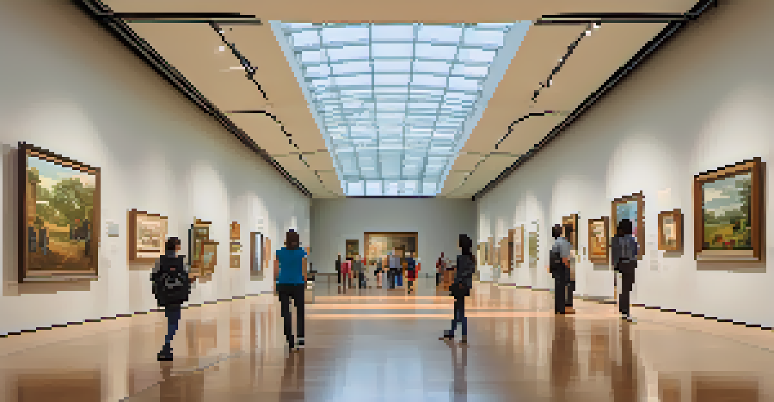 Interior view of the Blanton Museum of Art with visitors exploring diverse artworks in a well-lit space.