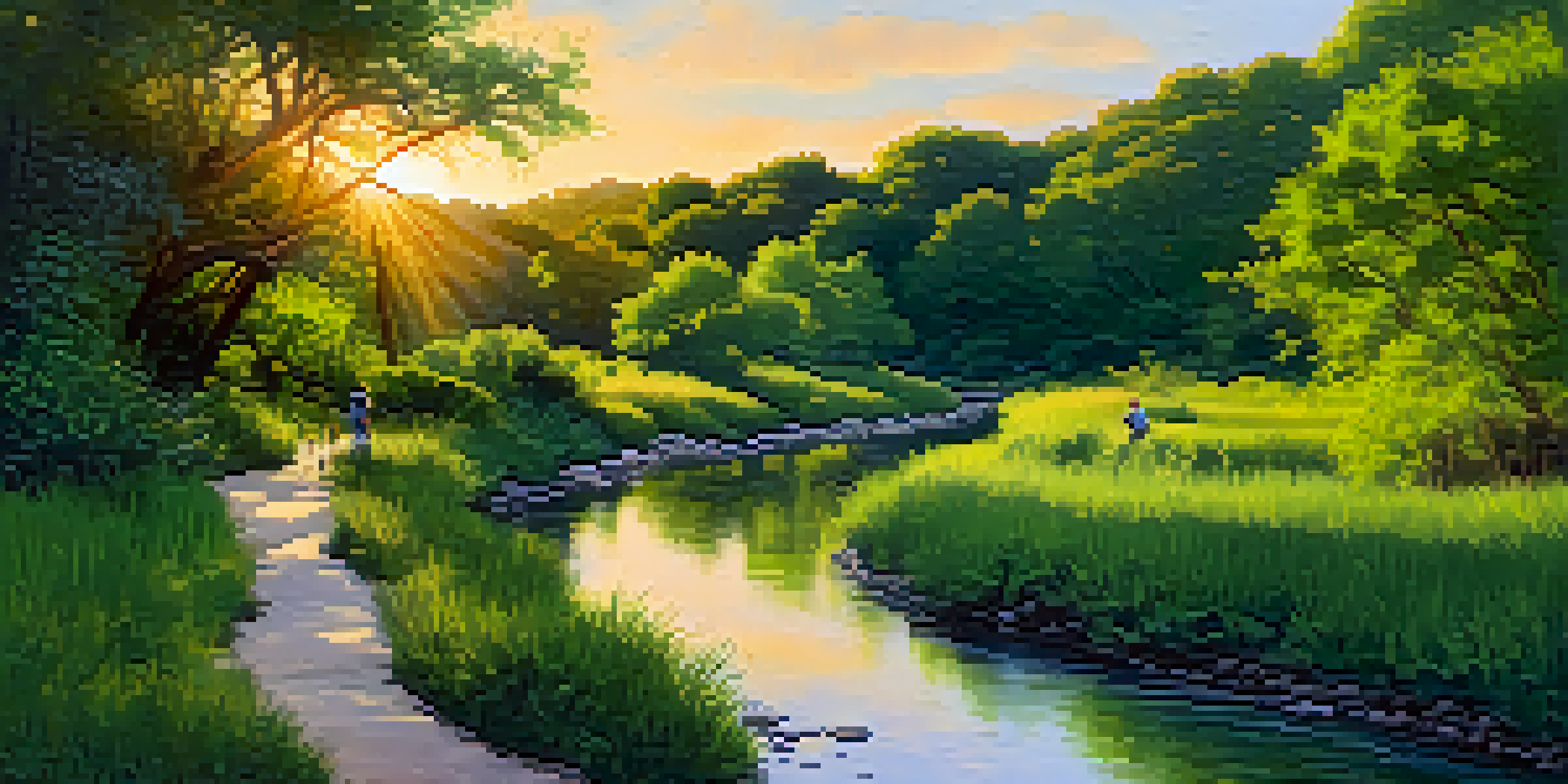 A peaceful view of the Barton Creek Greenbelt with volunteers working among native plants and a flowing creek during sunset.