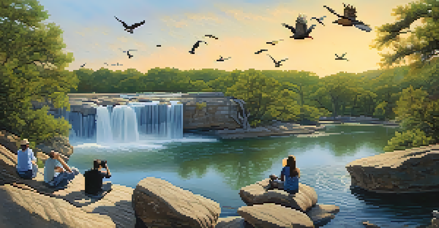 A picturesque scene of McKinney Falls State Park at sunset with a waterfall and birdwatchers observing the birds.