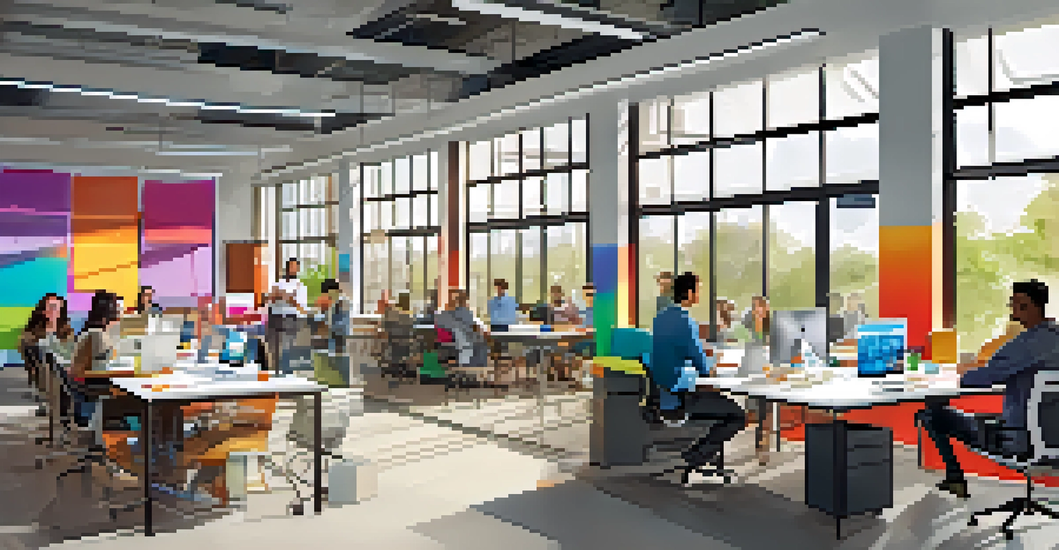 Interior shot of a modern tech incubator in Austin, showcasing entrepreneurs collaborating in a bright, colorful workspace with whiteboards filled with ideas.