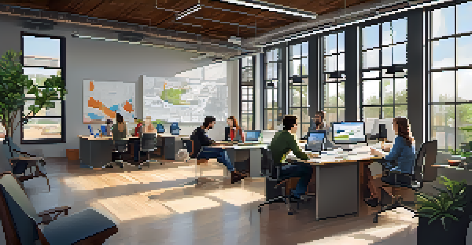 An interior view of a coworking space with professionals collaborating and modern design elements.