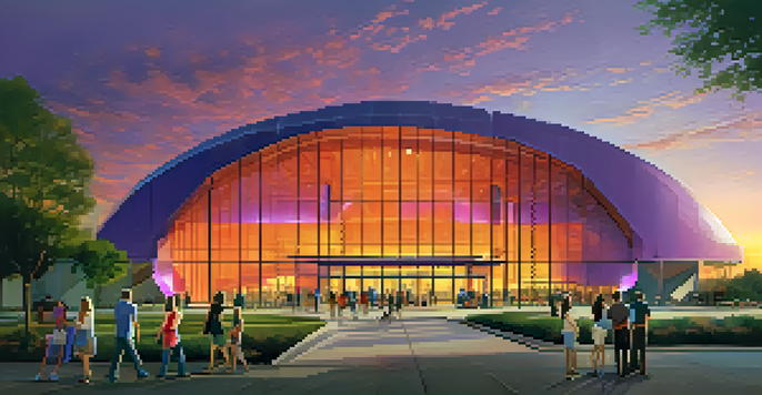 The Moody Center at sunset, featuring modern architecture and a vibrant sky, with people entering the venue.