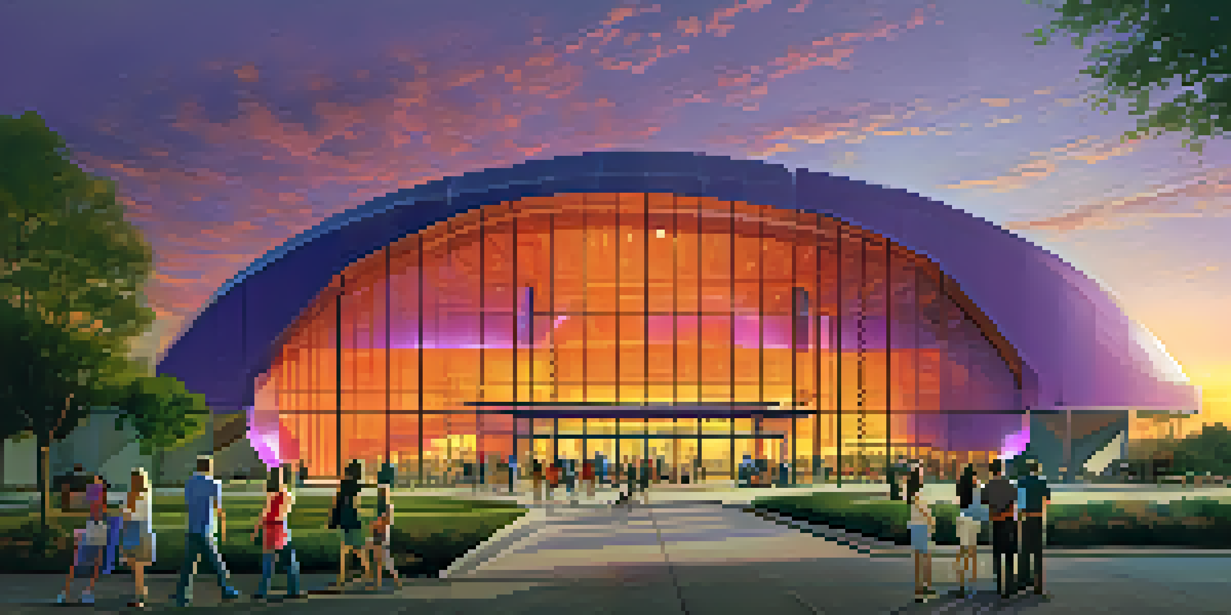 The Moody Center at sunset, featuring modern architecture and a vibrant sky, with people entering the venue.