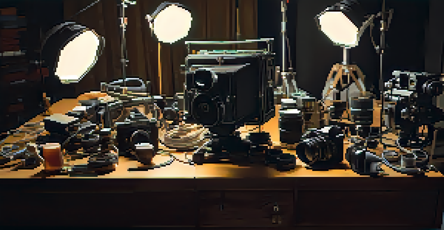 A close-up of a film camera and organized filming equipment on a production table with warm lighting.