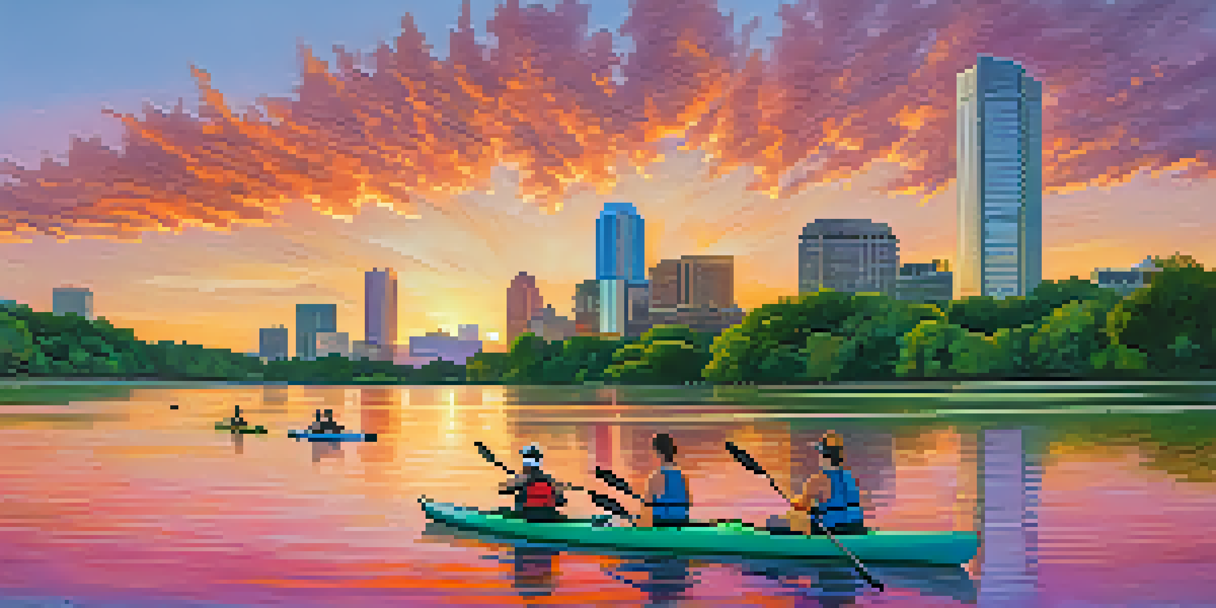 A beautiful sunset over Lady Bird Lake with kayakers on the water and the Austin skyline in the background.