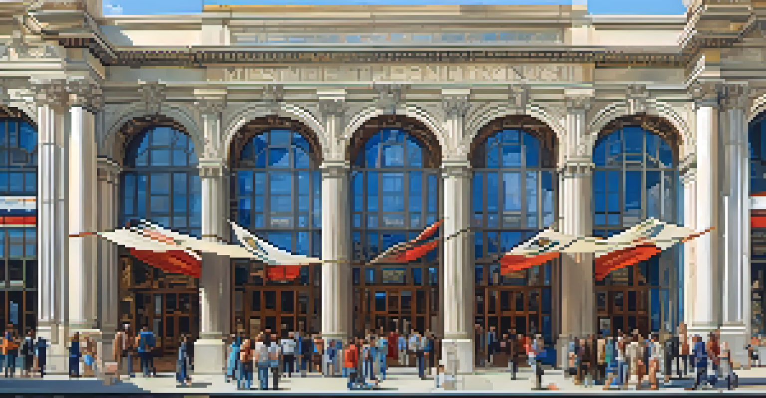 A majestic iconic museum building with people entering and banners for an exhibition, set against a clear blue sky.