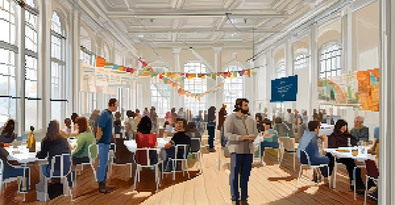 A spacious venue hosting a digital nomad meetup event, with attendees mingling and discussing ideas in a relaxed atmosphere.