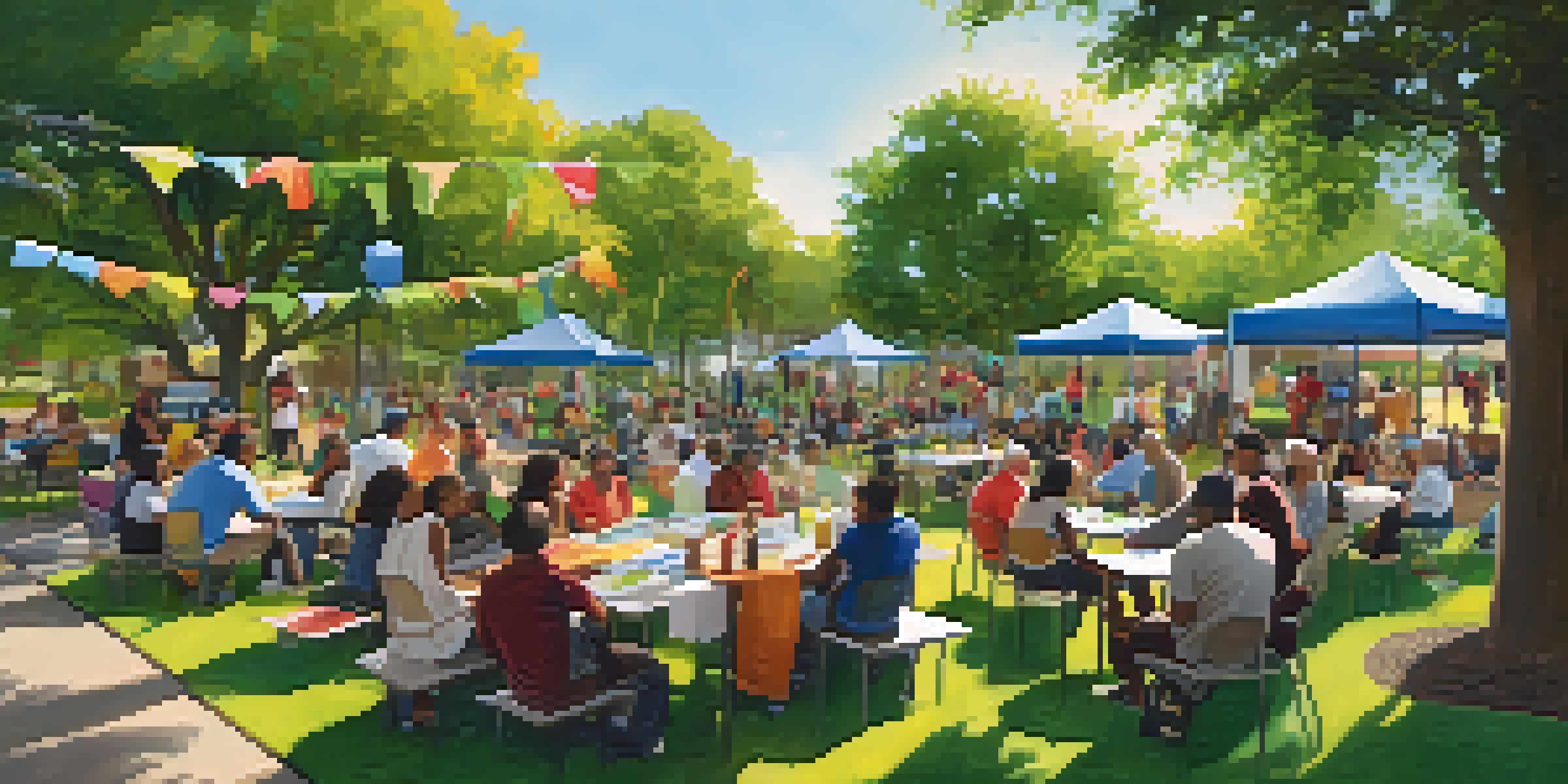 A diverse group of community members gathered in a park, discussing urban planning with maps and brochures on a table, surrounded by greenery.