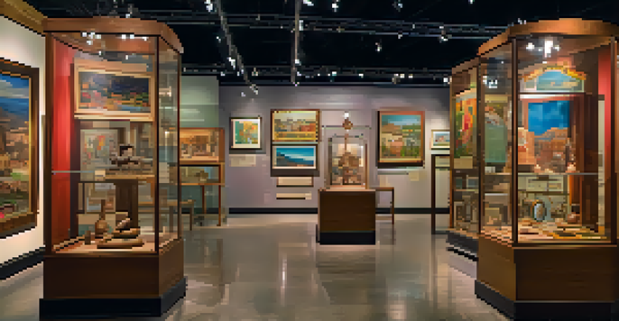 A busy local history museum exhibit displaying colorful cultural artifacts and engaged visitors.