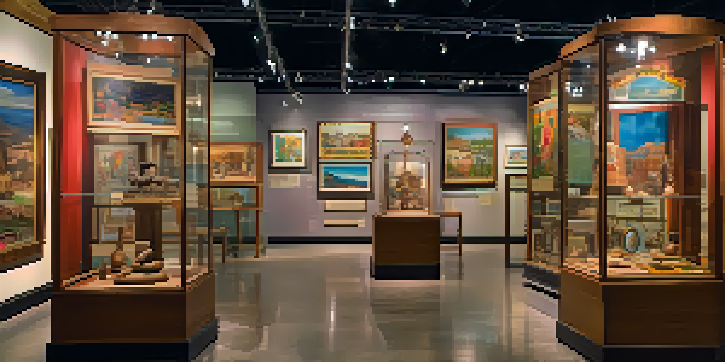 A busy local history museum exhibit displaying colorful cultural artifacts and engaged visitors.