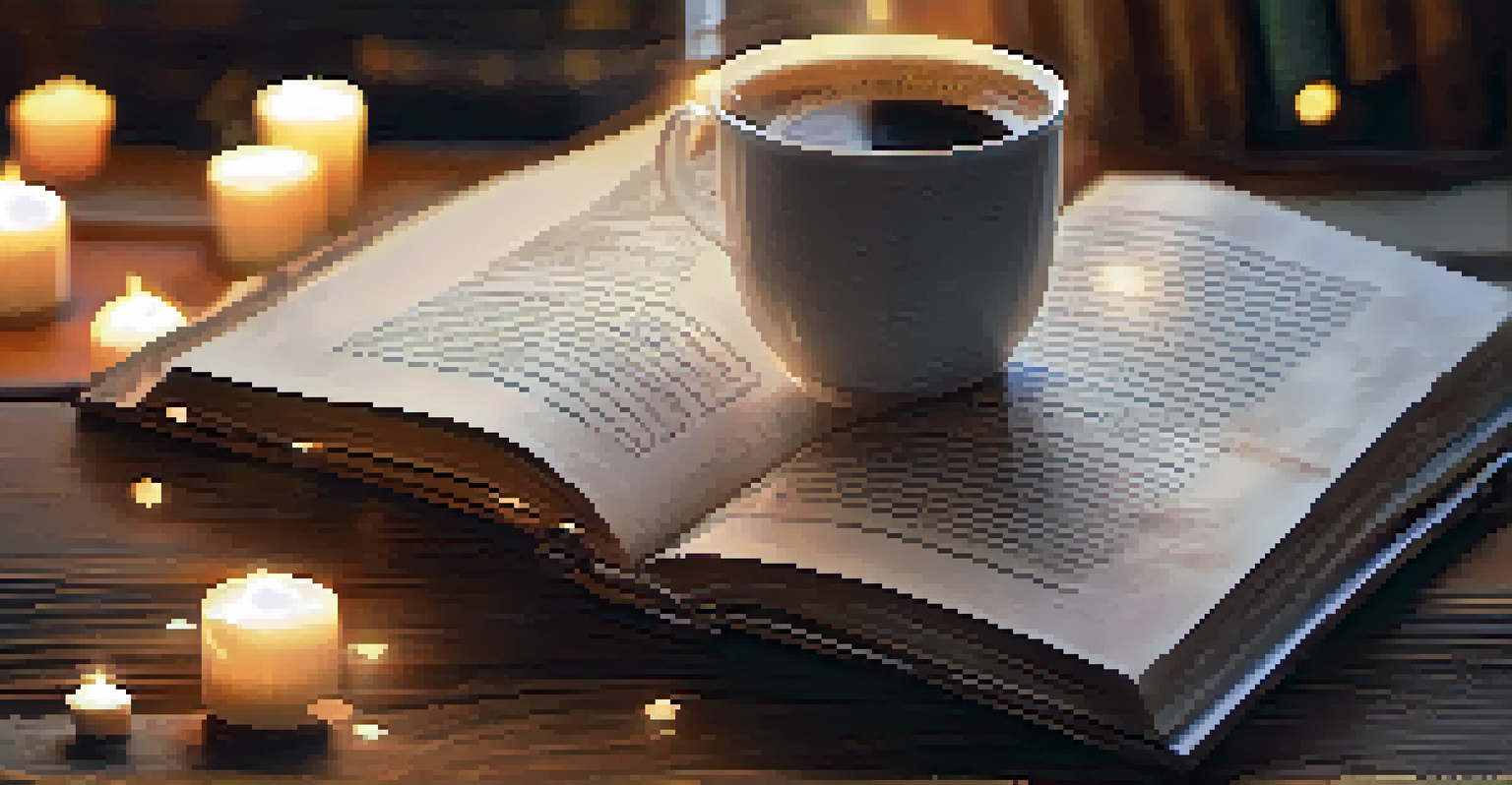 A close-up of an open book on a wooden table with a warm cup of coffee, surrounded by soft fairy lights.