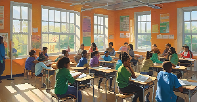 A diverse group of students in a bright classroom, engaged in a health education lesson with colorful posters on the walls.
