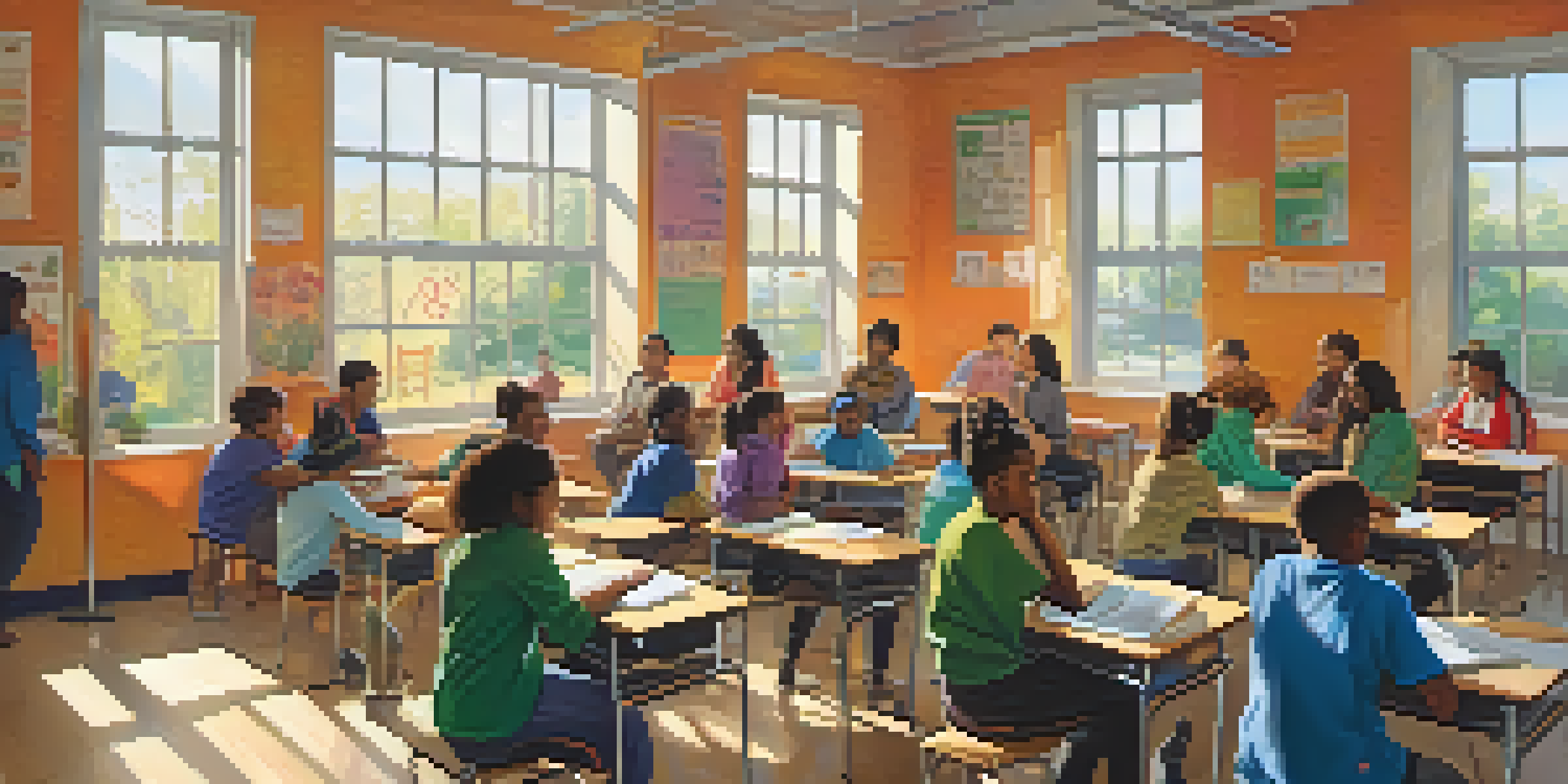 A diverse group of students in a bright classroom, engaged in a health education lesson with colorful posters on the walls.