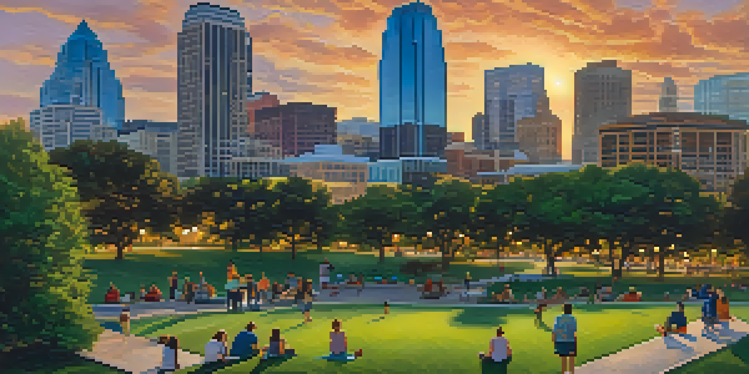 A colorful sunset over downtown Austin with skyscrapers and green parks.