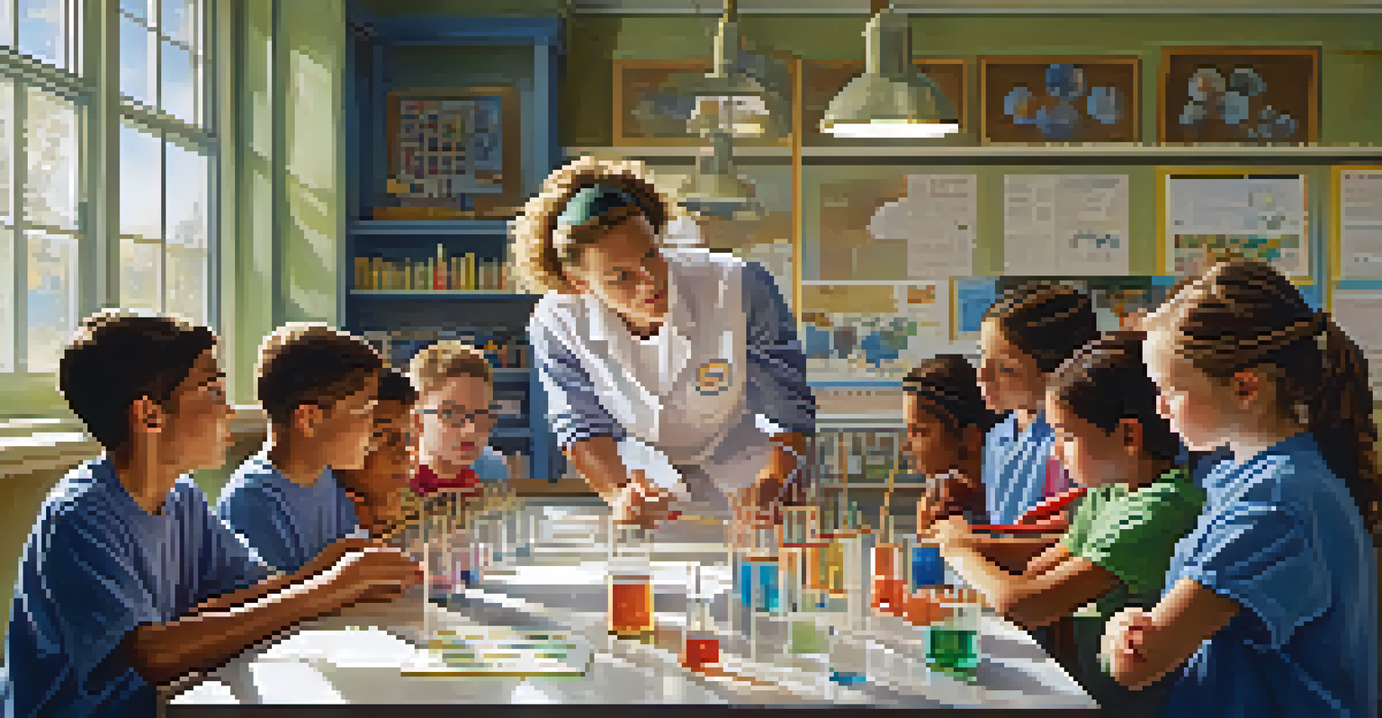 A mentor demonstrating a science experiment to young children in a bright classroom filled with educational materials.