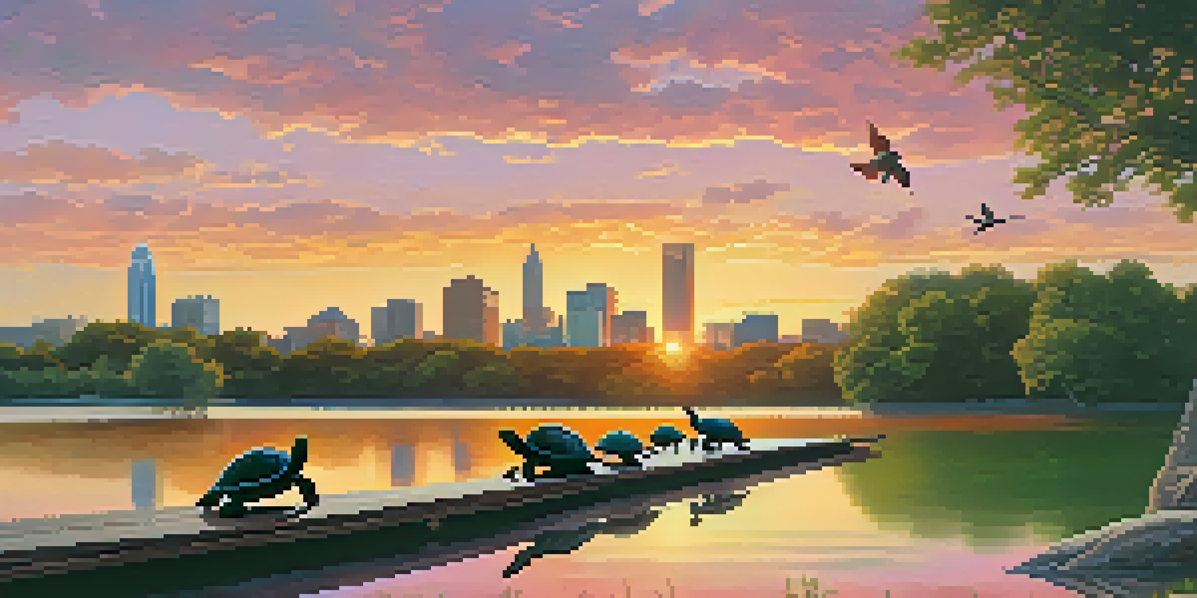 A sunset view of Lady Bird Lake with turtles on rocks, birds in flight, and a city skyline silhouette.