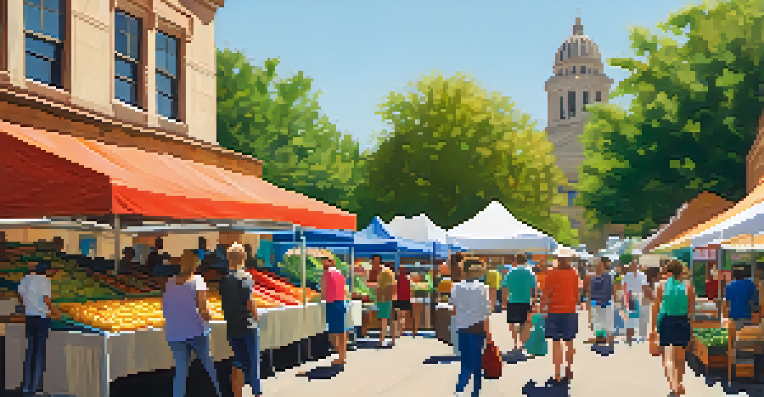 A vibrant farmers' market in Austin with colorful stalls of fresh produce and locals interacting with vendors.