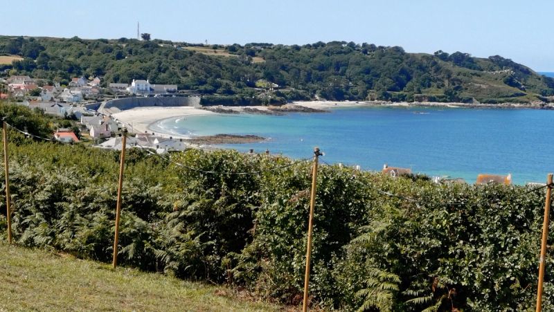 A Guernsey bay on a clear day, beach and turquoise water framed by the coastline