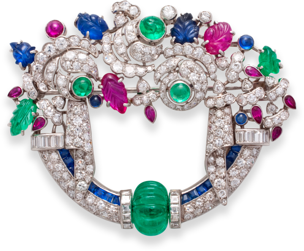 Art Deco Tutti Frutti Gemstone and Diamond Brooch, c. 1930