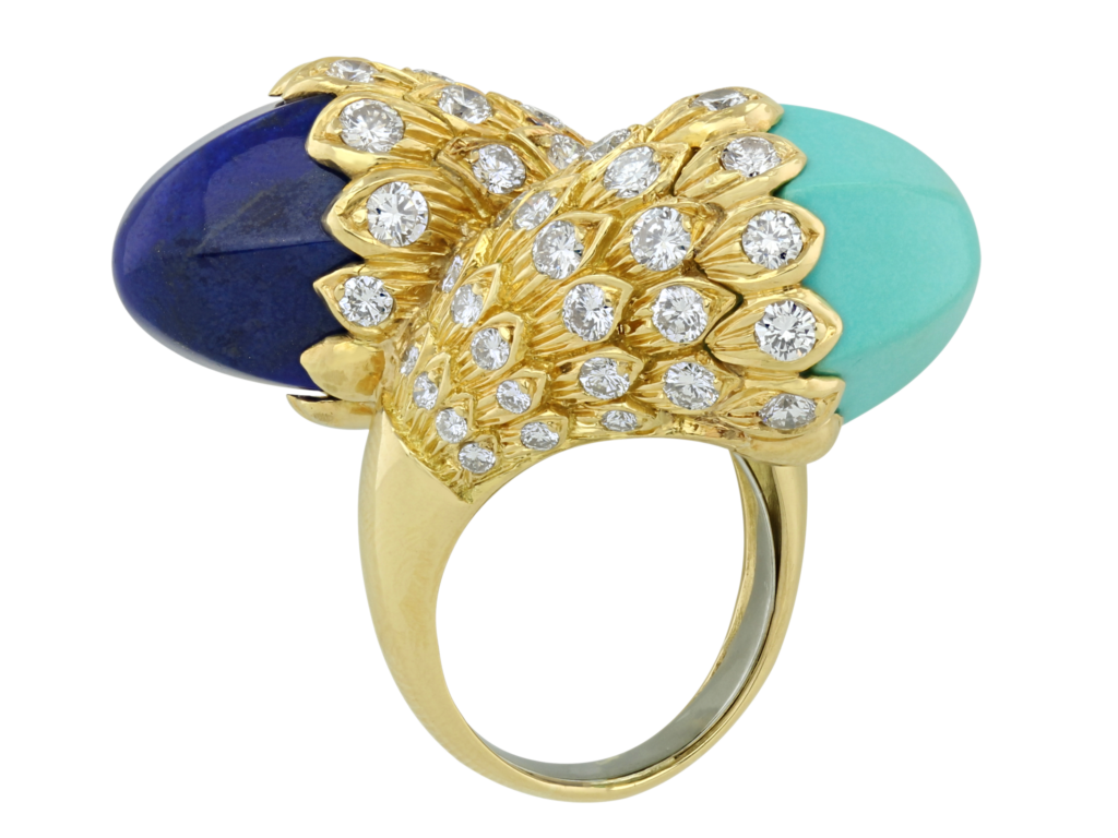 David Webb Lapis, Turquoise and Diamond Bypass Ring