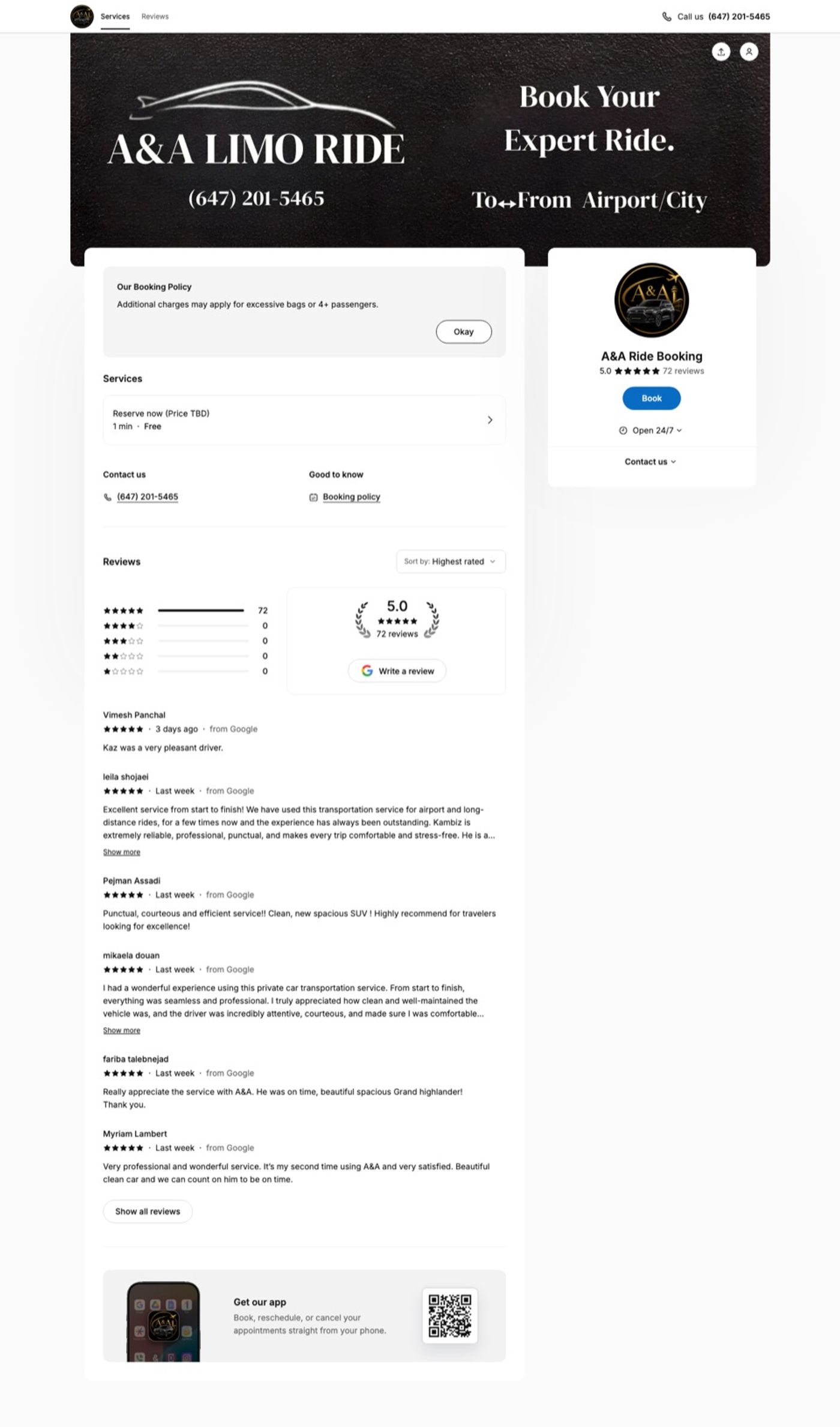 Full-page screenshot of the A&A Ride Booking website