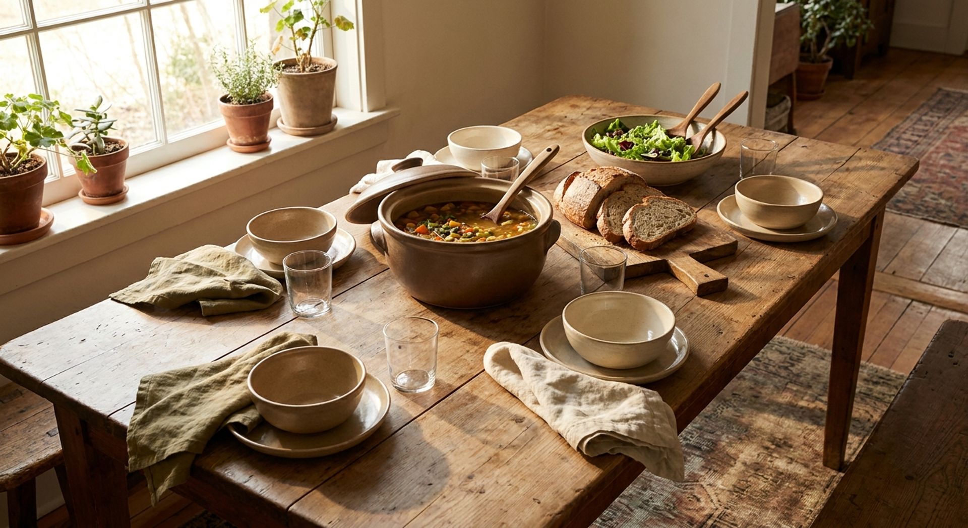 Ruhiger Esstisch zu Hause im weichen Fensterlicht: Keramiktopf mit Gemüsesuppe und Schöpfkelle, geschnittenes Brot auf einem Holzbrett, eine Schüssel grüner Salat, schlichte Keramikschalen, Wassergläser und Leinenservietten, ohne Personen oder medizinische Gegenstände