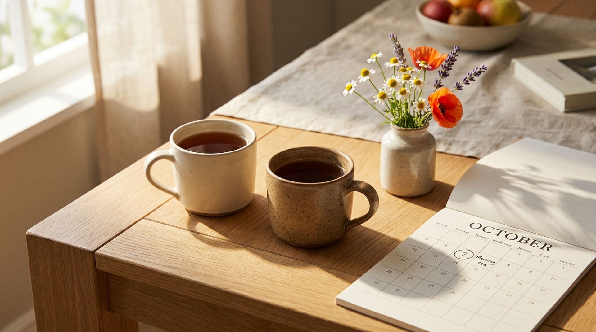 Zwei Teetassen, ein Papierkalender und ein kleiner Wildblumenstrauß auf einem Küchentisch