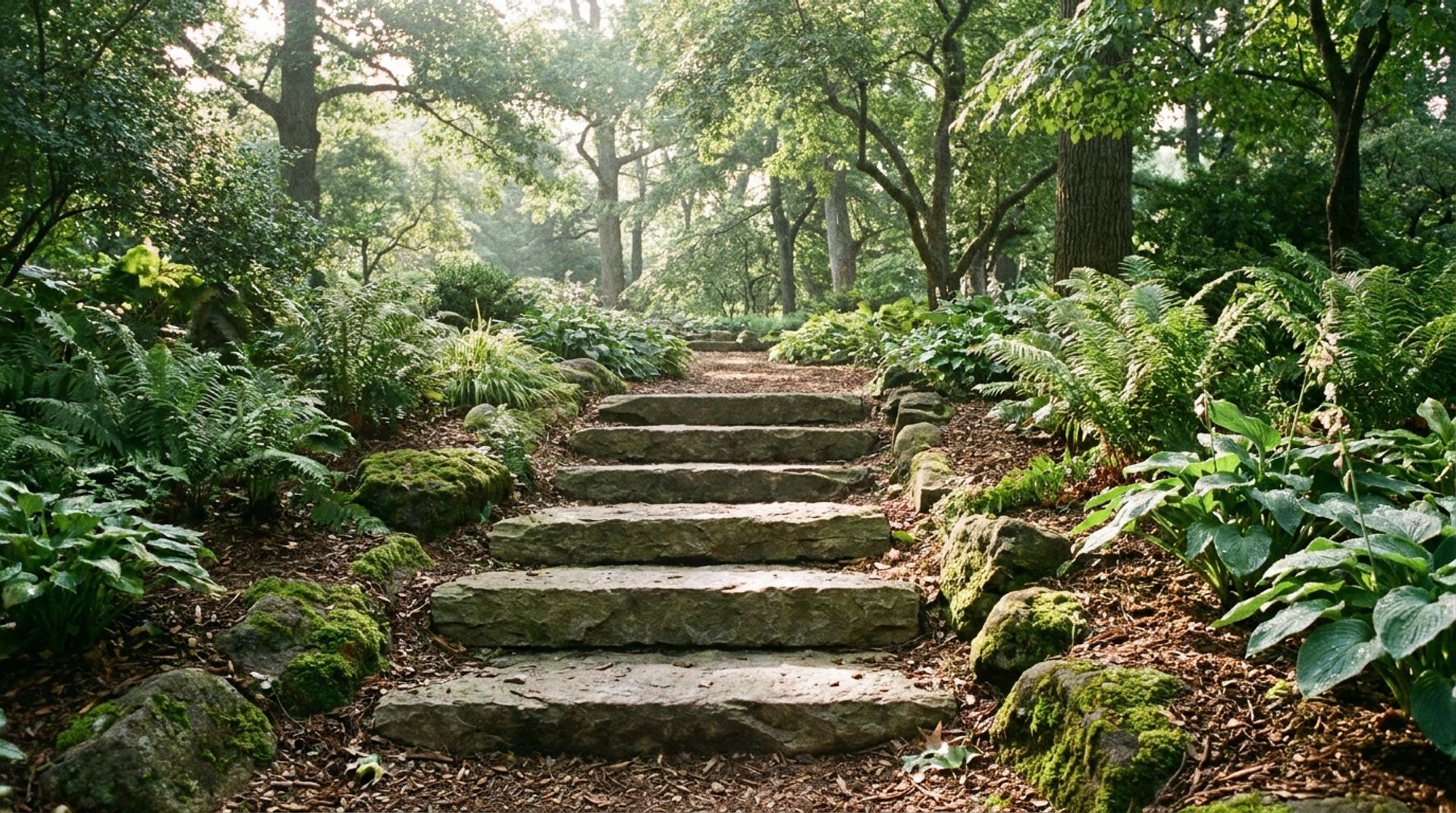 Flache Steinstufen führen sanft einen grünen Gartenweg hinauf, im Morgenlicht