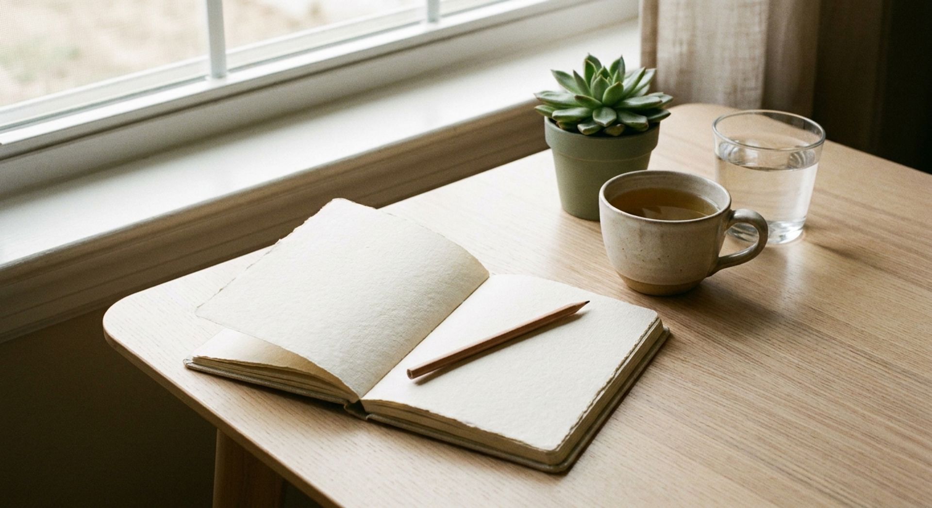 Aufgeschlagenes leeres Notizbuch mit Bleistift auf einem hellen Holztisch am Fenster, daneben eine Tasse Kräutertee, ein Glas Wasser und eine kleine Grünpflanze im weichen Morgenlicht, ohne Personen oder medizinische Gegenstände