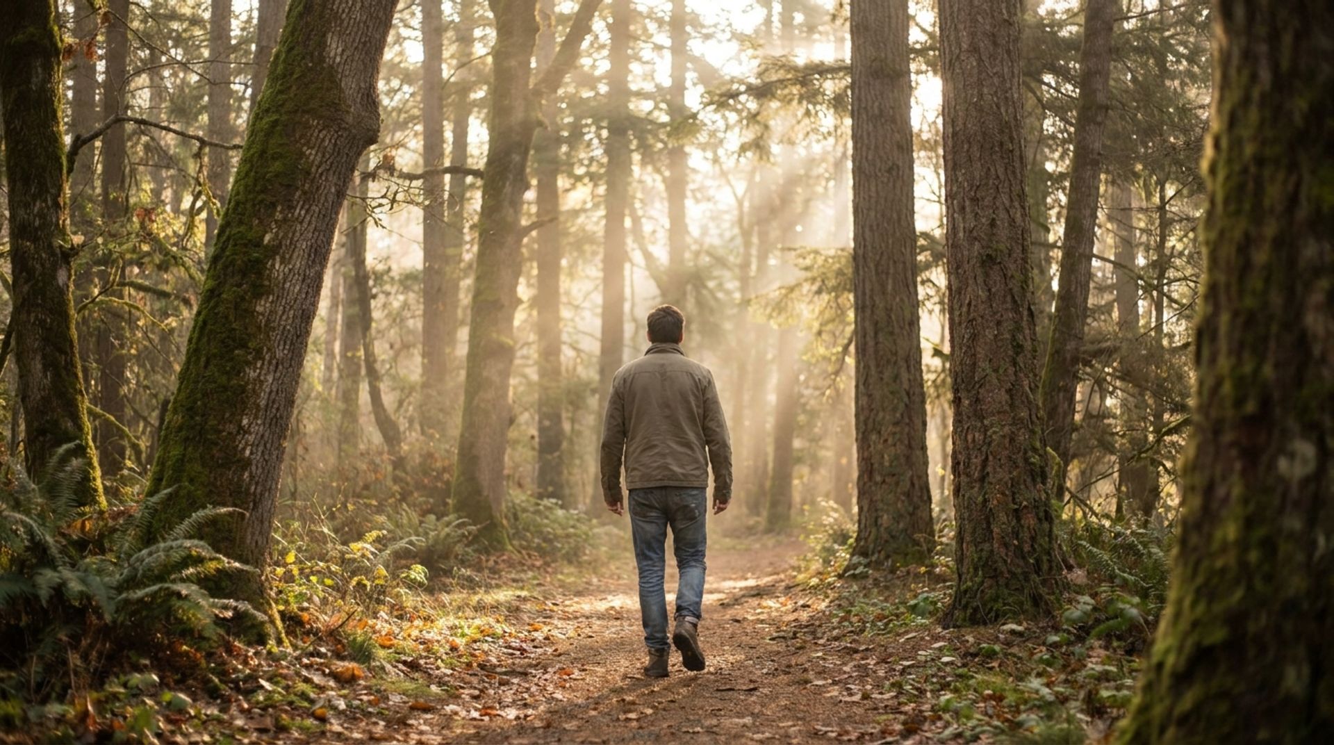 Person von hinten beim ruhigen Spaziergang auf einem Waldweg im Morgenlicht