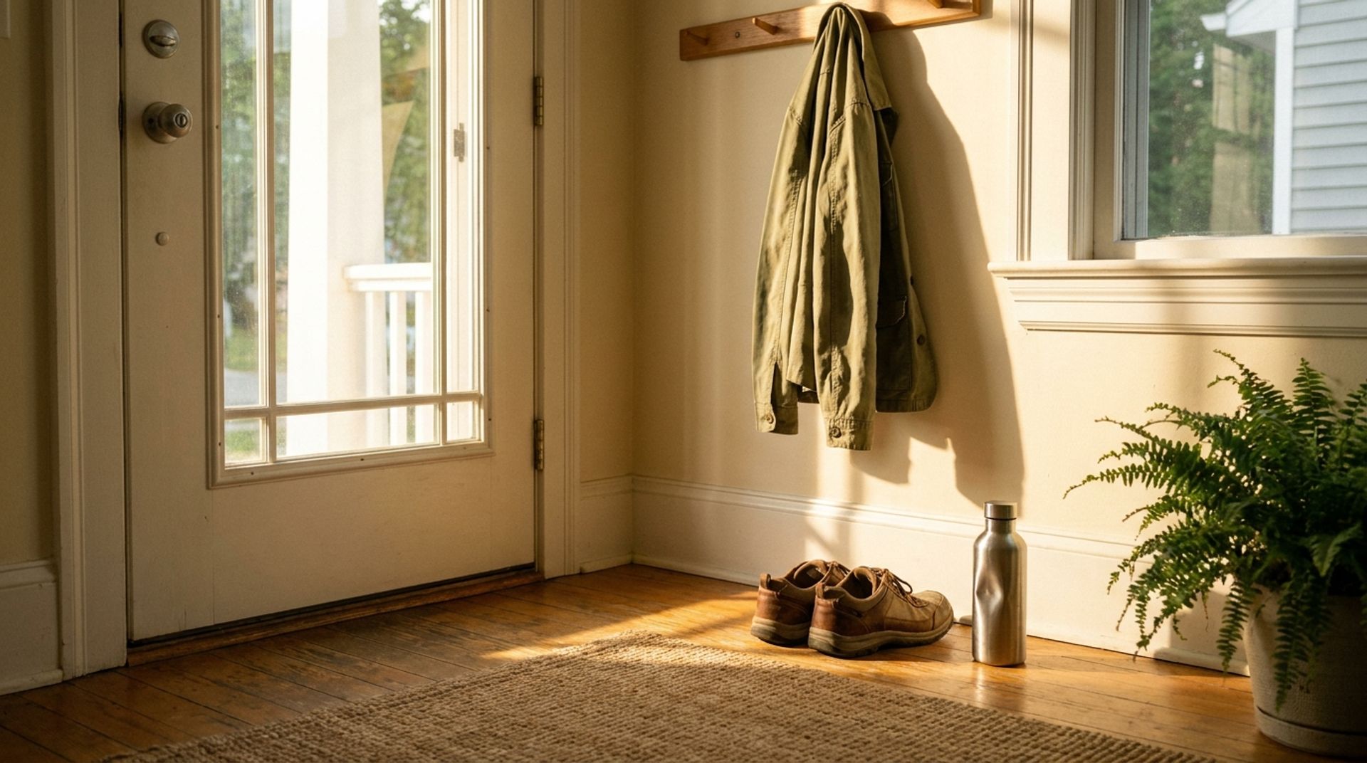 Bequeme Schuhe, eine Wasserflasche und eine Jacke an der Haustür im Morgensonnenlicht