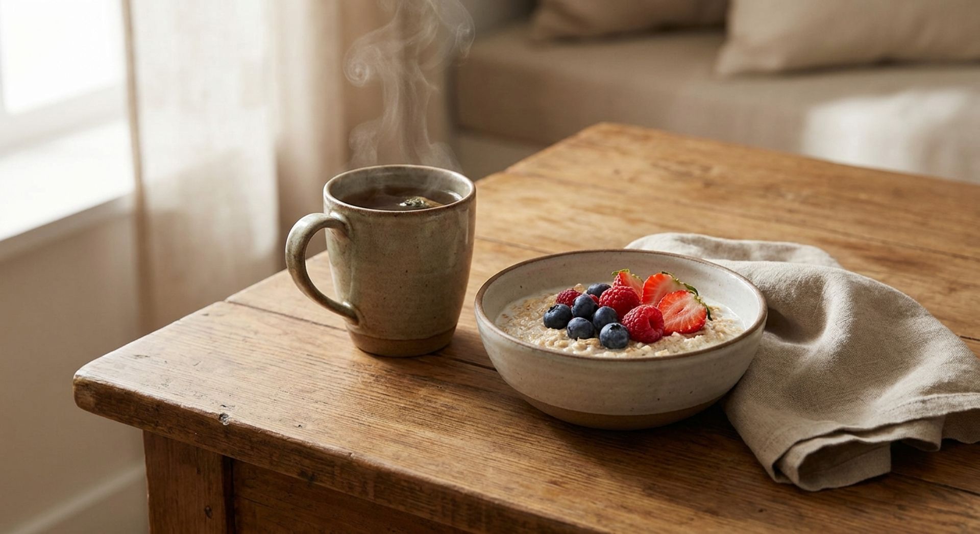 Calm morning still life: ceramic mug of herbal tea, bowl of soft oats with berries, and a folded linen napkin on a wooden table in soft window light, no people or medical items